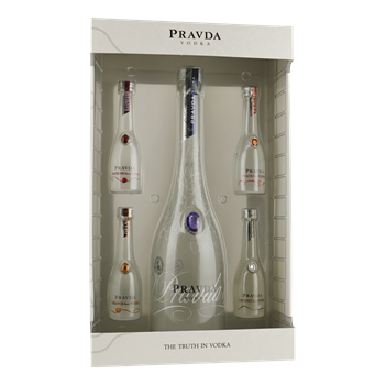 PRAVDA Giftpack 0,70 ltr.Vodka + 4x5cl. mini(ra/or/pe/co)