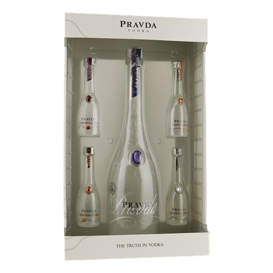 PRAVDA Giftpack 0,70 ltr.Vodka + 4x5cl. mini(ra/or/pe/co)