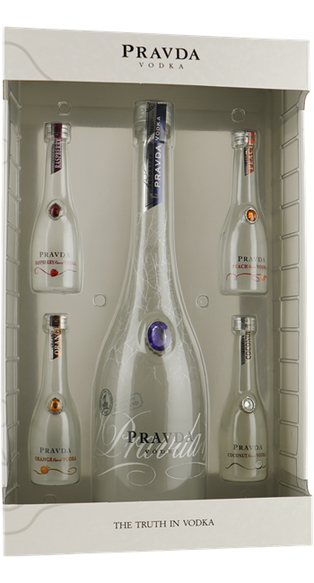 PRAVDA Giftpack 0,70 ltr.Vodka + 4x5cl. mini(ra/or/pe/co)