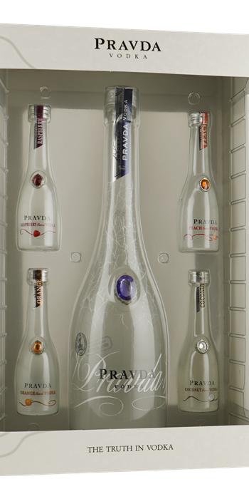 PRAVDA Giftpack 0,70 ltr.Vodka + 4x5cl. mini(ra/or/pe/co)