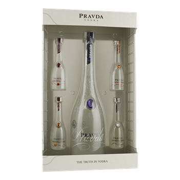 PRAVDA Giftpack 0,70 ltr.Vodka + 4x5cl. mini(ra/or/pe/co)
