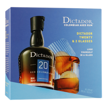 DICTADOR Aged Rum 20 Years 0,70 ltr giftpack + 2 glazen