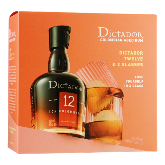 DICTADOR Aged Rum 12 Years 0,70 ltr giftpack + 2 glazen